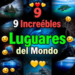 Create a thumbnail titled "9 Increíbles Lugares del Mundo 🌍" with large, vibrant, and legible fonts placed at the top center