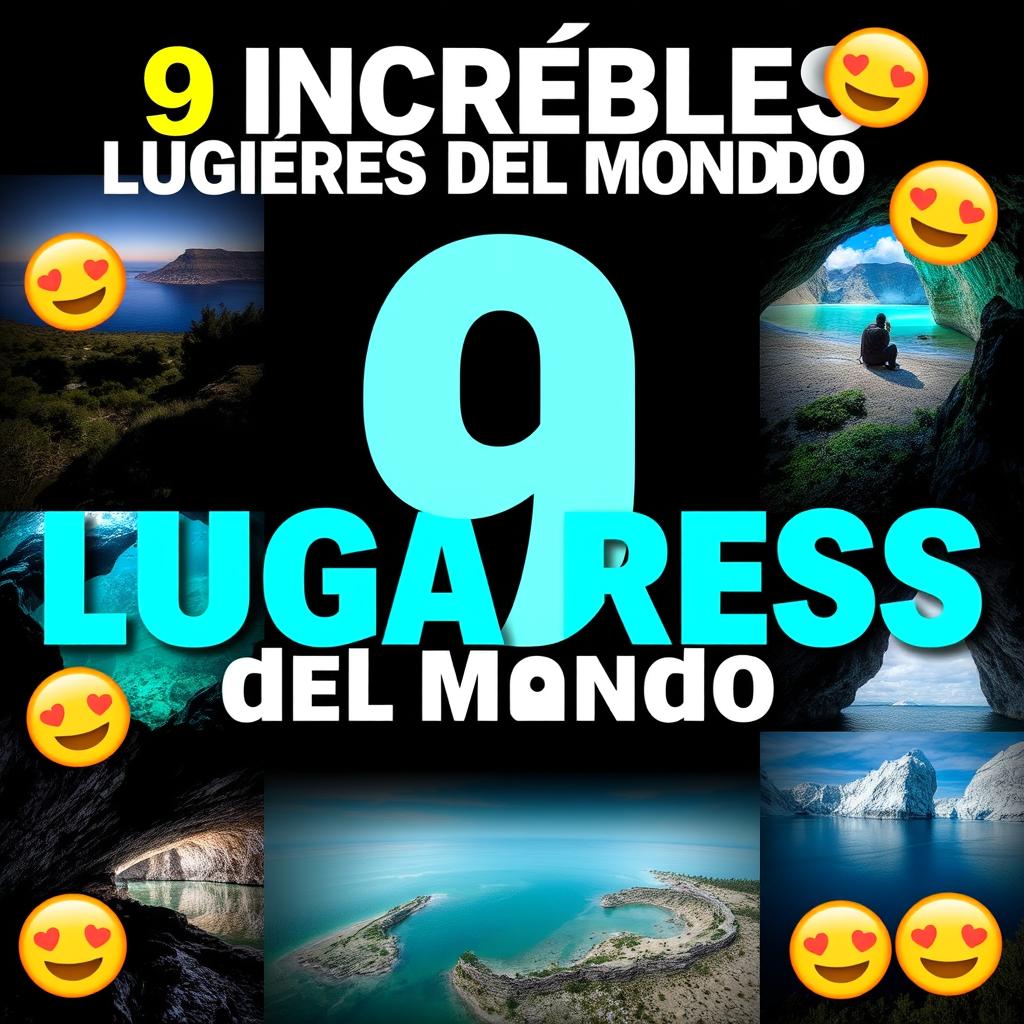 Create a thumbnail titled "9 Increíbles Lugares del Mundo 🌍" with large, vibrant, and legible fonts placed at the top center