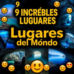 Create a thumbnail titled "9 Increíbles Lugares del Mundo 🌍" with large, vibrant, and legible fonts placed at the top center