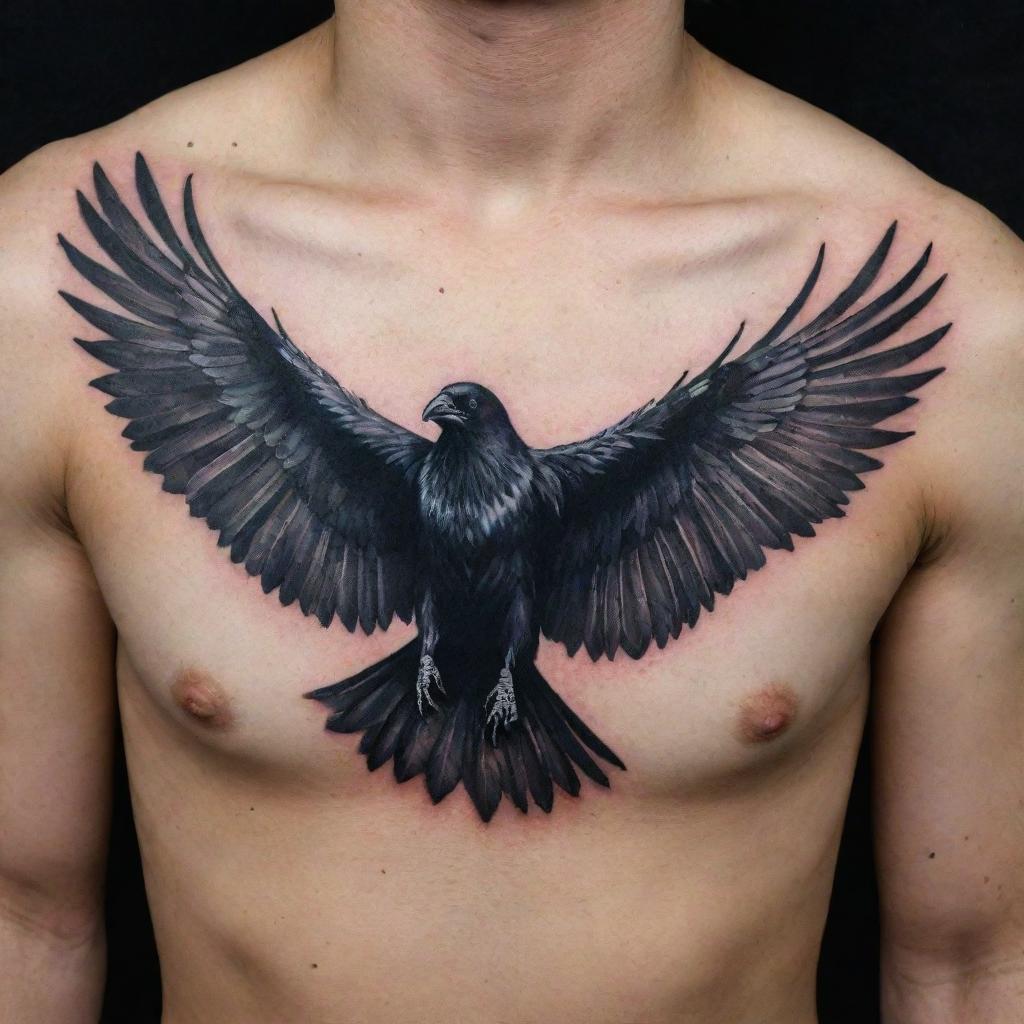 A dramatic tattoo design showcasing a crow with its wings spread wide, evoking a sense of freedom and mystery.