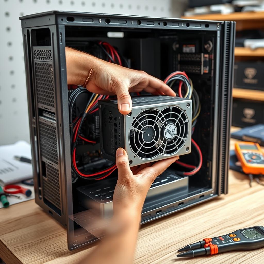 A striking book cover focusing on an ATX power supply inside a computer during maintenance