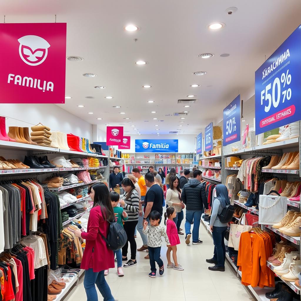 An interior view of the Familia off-price store in Russia, showcasing neatly organized shelves filled with a diverse selection of discounted items, including fashion apparel, footwear, accessories, and home decor