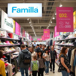 An interior view of the Familia off-price store in Russia, showcasing neatly organized shelves filled with a diverse selection of discounted items, including fashion apparel, footwear, accessories, and home decor