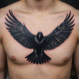 A dramatic tattoo design showcasing a crow with its wings spread wide, evoking a sense of freedom and mystery.