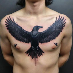 A dramatic tattoo design showcasing a crow with its wings spread wide, evoking a sense of freedom and mystery.