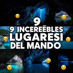 Create a thumbnail titled "9 Increíbles Lugares del Mundo 🌍" with large, eye-catching fonts that are easy for a wide audience to read, placed at the top center