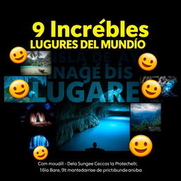 Create a thumbnail titled "9 Increíbles Lugares del Mundo 🌍" with large, eye-catching fonts that are easy for a wide audience to read, placed at the top center