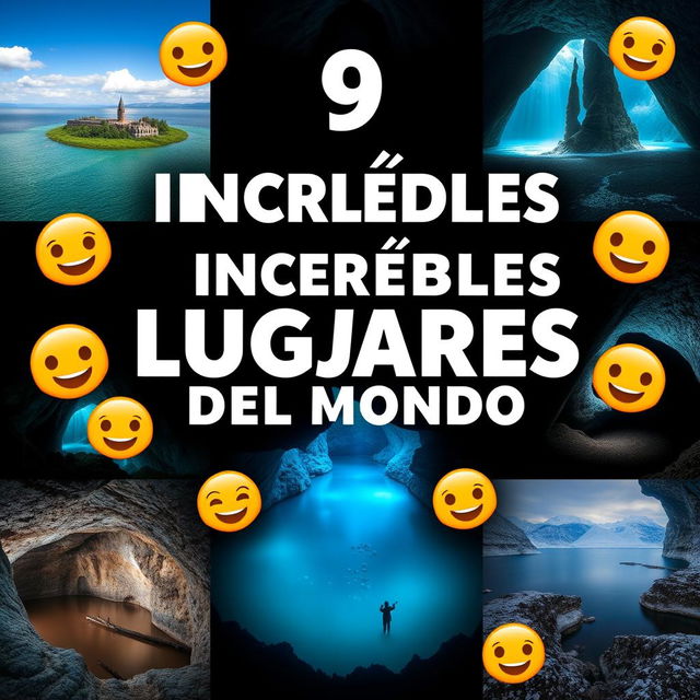 Create a thumbnail titled "9 Increíbles Lugares del Mundo 🌍" with large, eye-catching fonts that are easy for a wide audience to read, placed at the top center