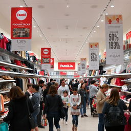 An interior view of the Familia off-price store in Russia, showcasing neatly organized shelves filled with a diverse selection of discounted items, including fashion apparel, footwear, accessories, and home decor