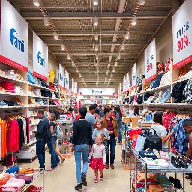 An interior view of the Familia off-price store in Russia, showcasing neatly organized shelves filled with a diverse selection of discounted items, including fashion apparel, footwear, accessories, and home decor