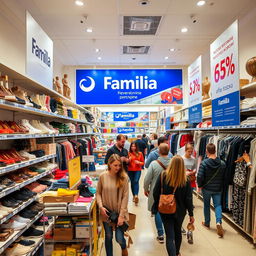 An interior view of the Familia off-price store in Russia, showcasing neatly organized shelves filled with a diverse selection of discounted items, including fashion apparel, footwear, accessories, and home decor