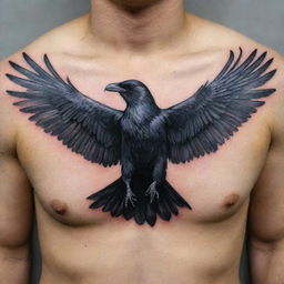 A dramatic tattoo design showcasing a crow with its wings spread wide, evoking a sense of freedom and mystery.