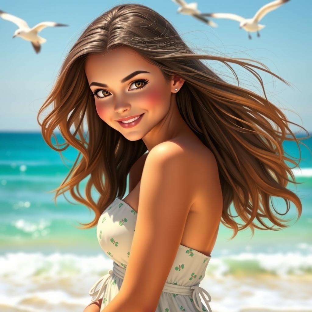 A hot, busty girl with an alluring smile, sun-kissed skin, and flowing brunette hair, wearing a stylish summer dress that accentuates her curves