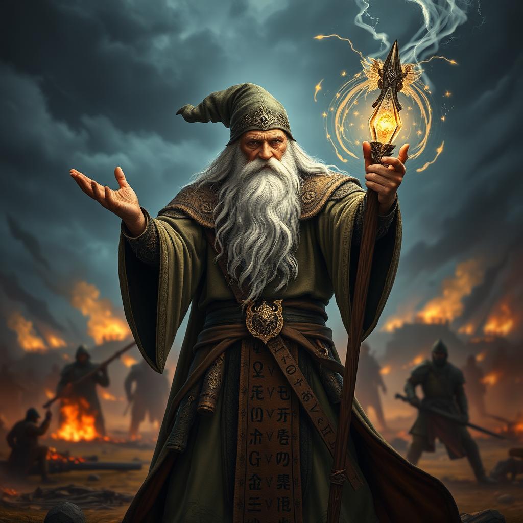 A powerful war wizard standing in a dramatic battlefield, casting a spell with glowing runes swirling around him