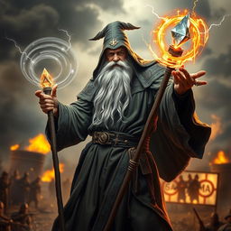 A powerful war wizard standing in a dramatic battlefield, casting a spell with glowing runes swirling around him