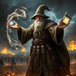 A powerful war wizard standing in a dramatic battlefield, casting a spell with glowing runes swirling around him