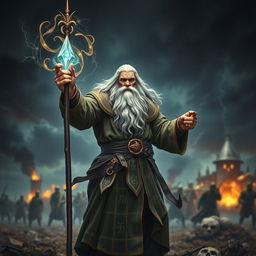 A powerful war wizard standing in a dramatic battlefield, casting a spell with glowing runes swirling around him