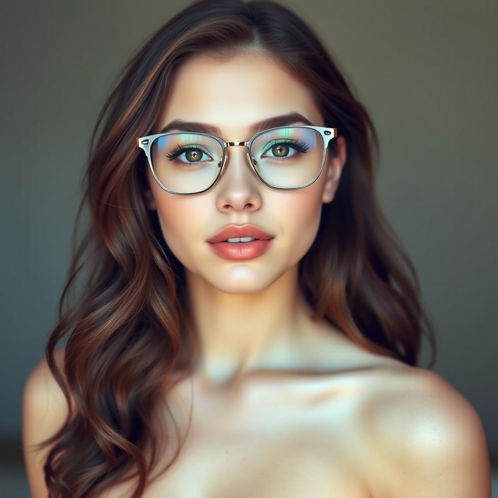 A stunning young woman with the most beautiful face, reminiscent of youthful innocence, featuring passionate lips, a sexy body with medium-sized breasts, and slightly wavy brown hair