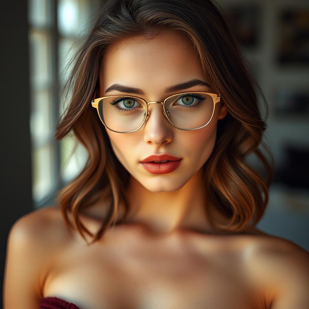 A stunning young woman with the most beautiful face, reminiscent of youthful innocence, featuring passionate lips, a sexy body with medium-sized breasts, and slightly wavy brown hair