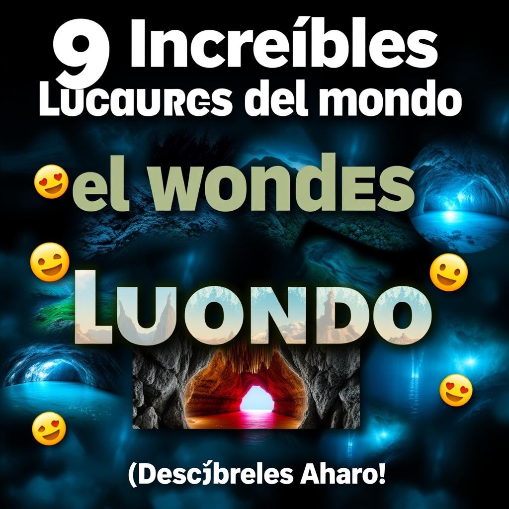 Design a thumbnail titled "9 Increíbles Lugares del Mundo 🌍" with large, attention-grabbing fonts at the top center