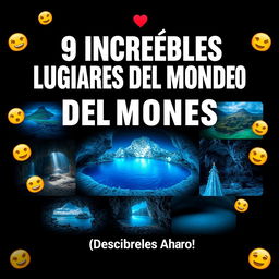 Design a thumbnail titled "9 Increíbles Lugares del Mundo 🌍" with large, attention-grabbing fonts at the top center