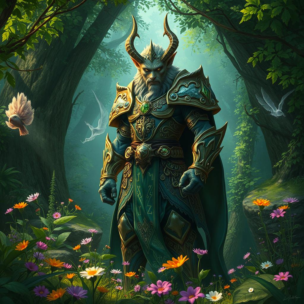 A fantastical scene featuring a mystical warden in a lush, enchanted forest