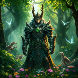 A fantastical scene featuring a mystical warden in a lush, enchanted forest