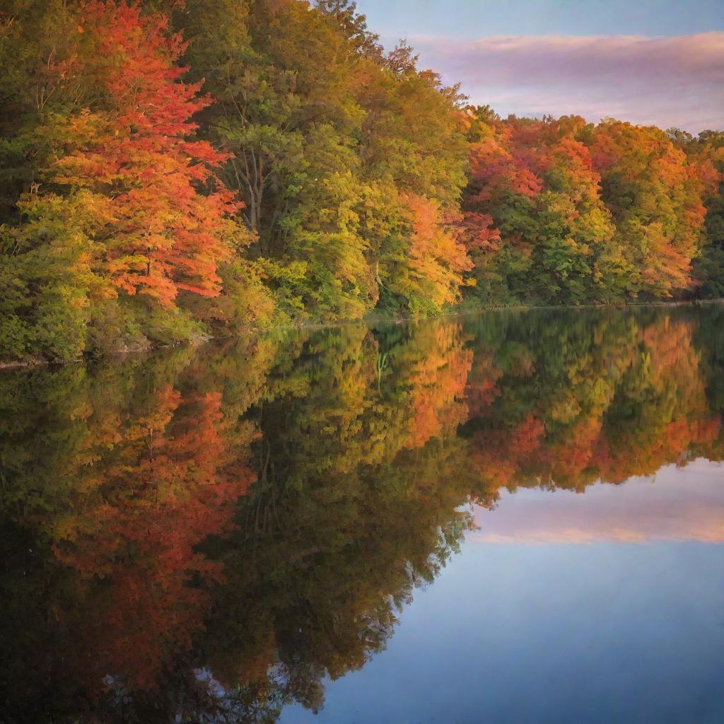 A vibrant sunset over a serene, mirror-like lake with lush deciduous trees in the foreground