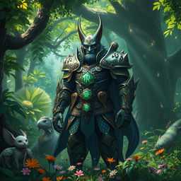 A fantastical scene featuring a mystical warden in a lush, enchanted forest