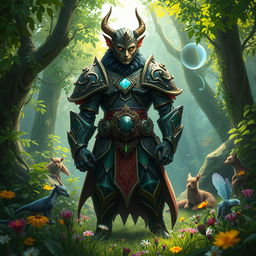 A fantastical scene featuring a mystical warden in a lush, enchanted forest