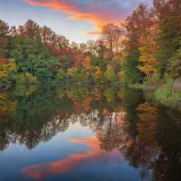 A vibrant sunset over a serene, mirror-like lake with lush deciduous trees in the foreground