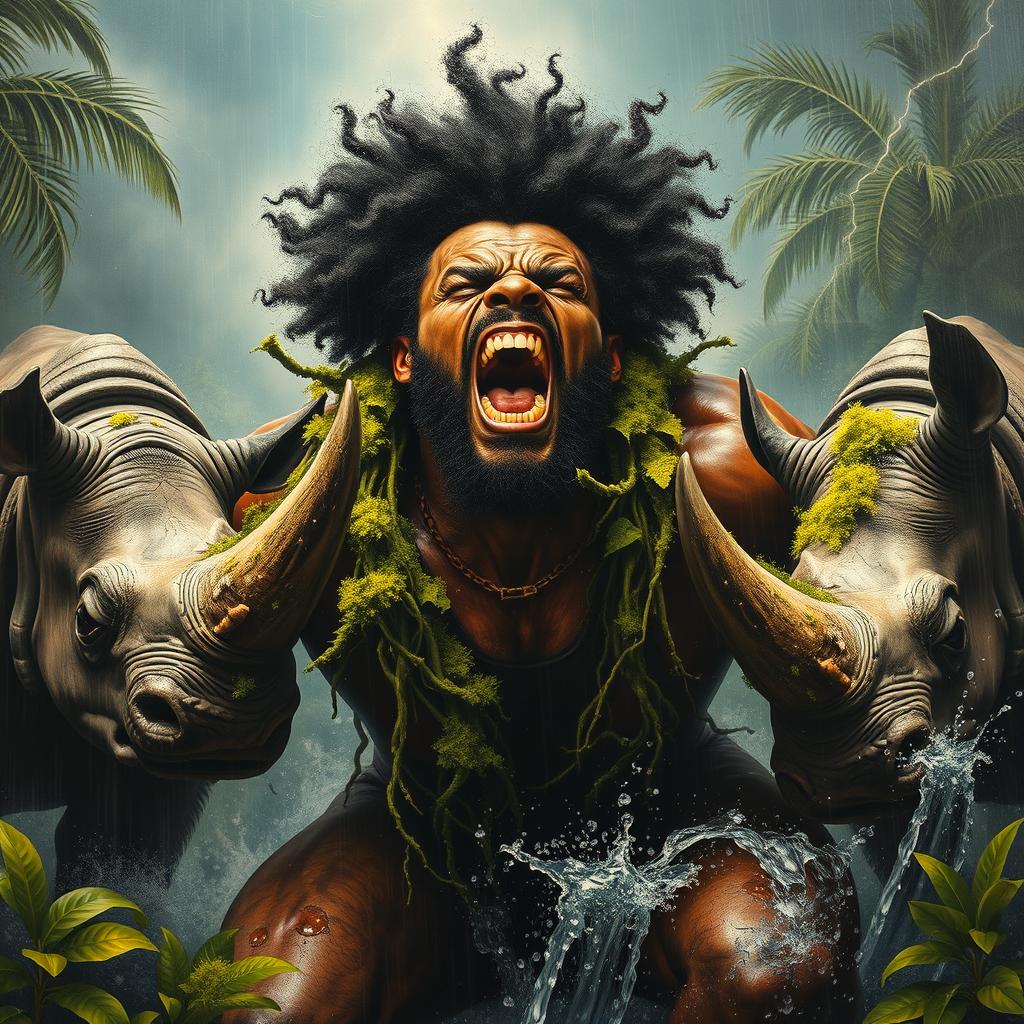 A polished, finished oil-based painting illustrating an extremely close-up full-body macro view of an epic, enraged, gorgeous, ferocious muscular black-skinned, afro-headed black man