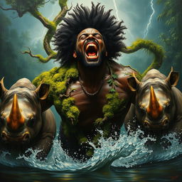 A polished, finished oil-based painting illustrating an extremely close-up full-body macro view of an epic, enraged, gorgeous, ferocious muscular black-skinned, afro-headed black man