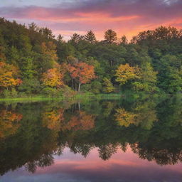 A vibrant sunset over a serene, mirror-like lake with lush deciduous trees in the foreground