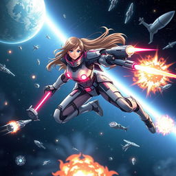 A futuristic space battle scene featuring a powerful and dynamic space warrior girl