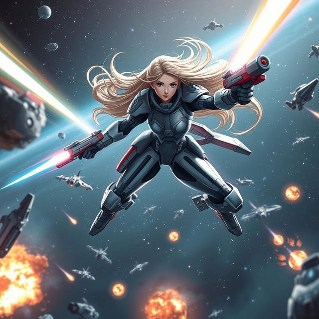 A futuristic space battle scene featuring a powerful and dynamic space warrior girl