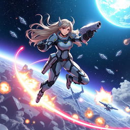 A futuristic space battle scene featuring a powerful and dynamic space warrior girl