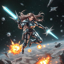 A futuristic space battle scene featuring a powerful and dynamic space warrior girl