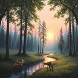 A serene landscape painting depicting a tranquil forest at dawn