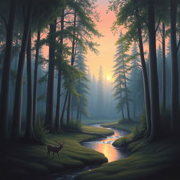 A serene landscape painting depicting a tranquil forest at dawn