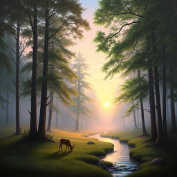 A serene landscape painting depicting a tranquil forest at dawn