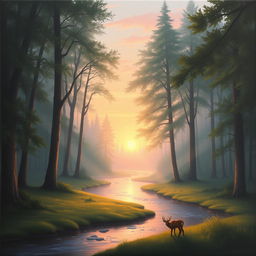 A serene landscape painting depicting a tranquil forest at dawn