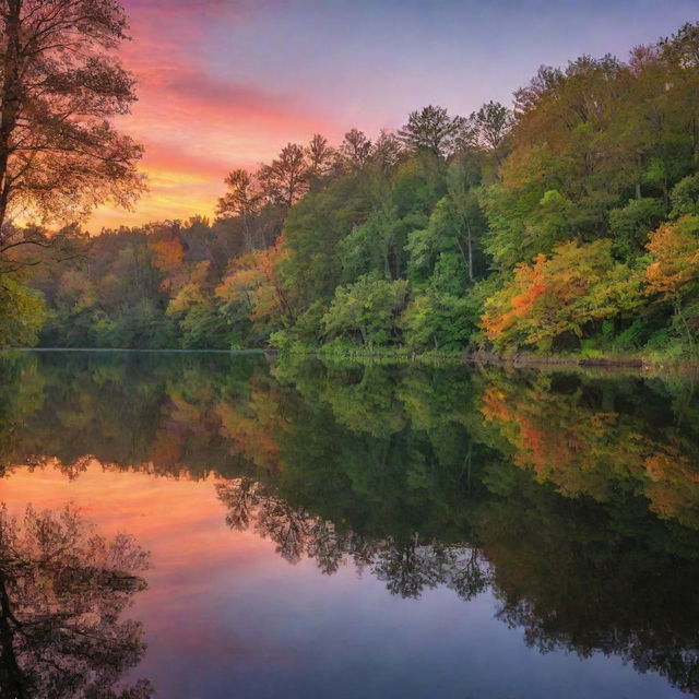 A vibrant sunset over a serene, mirror-like lake with lush deciduous trees in the foreground