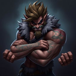 Sett from League of Legends, posing dynamically showing his muscular physique