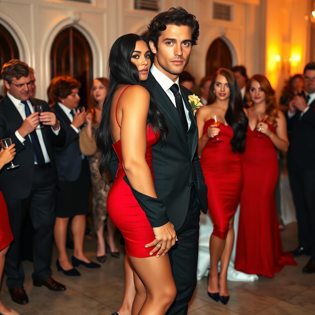 A slightly muscular, tan-skinned man with curly hair and green eyes, featuring a model-like chiseled jawline and chin, dressed in a black suit, black tie, black pants, and dark brown leather shoes