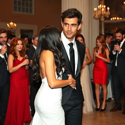 A slightly muscular, tan-skinned man with curly hair and green eyes, featuring a model-like chiseled jawline and chin, dressed in a black suit, black tie, black pants, and dark brown leather shoes