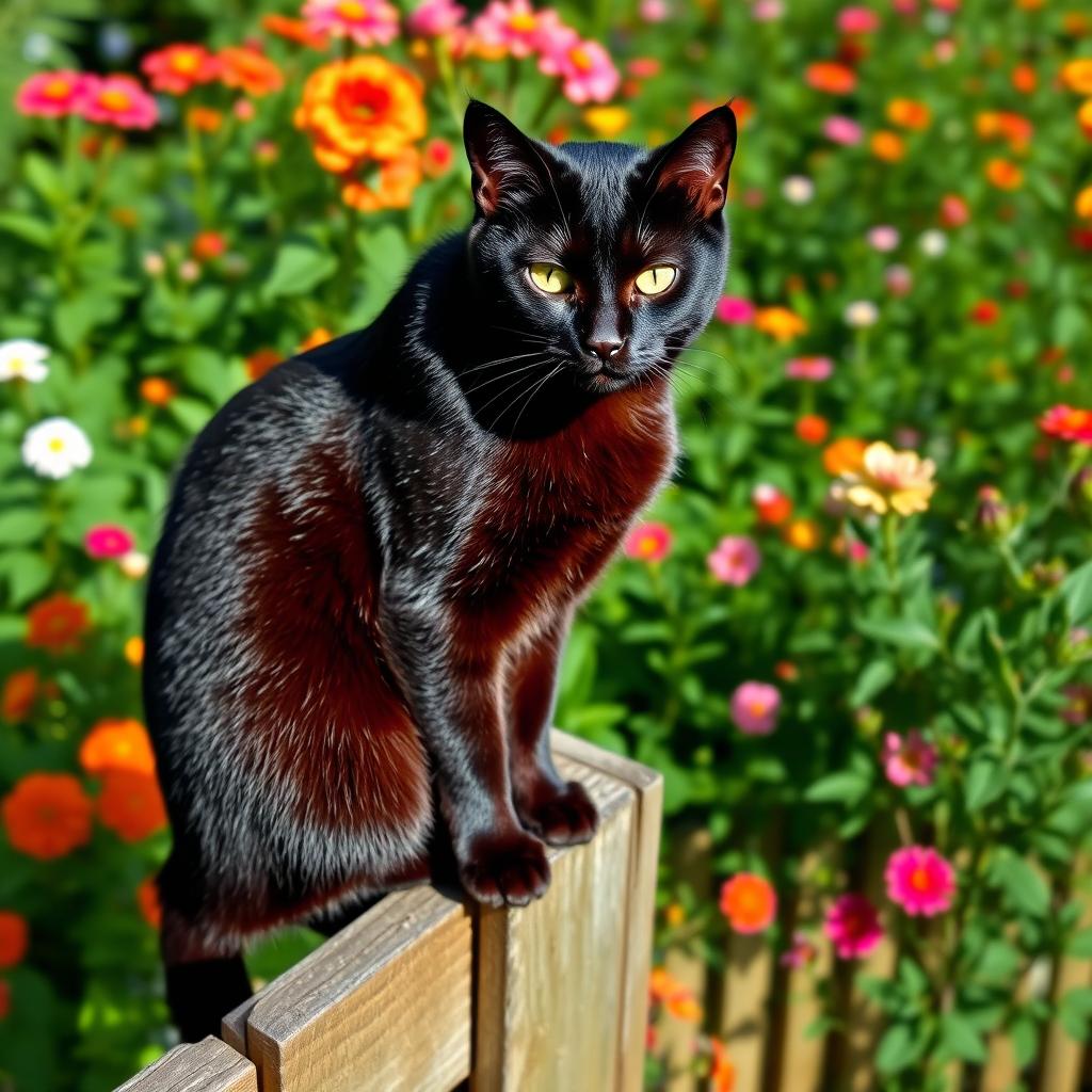 A sleek black cat sitting gracefully on a wooden fence amidst a lush green garden