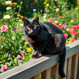 A sleek black cat sitting gracefully on a wooden fence amidst a lush green garden