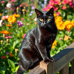 A sleek black cat sitting gracefully on a wooden fence amidst a lush green garden