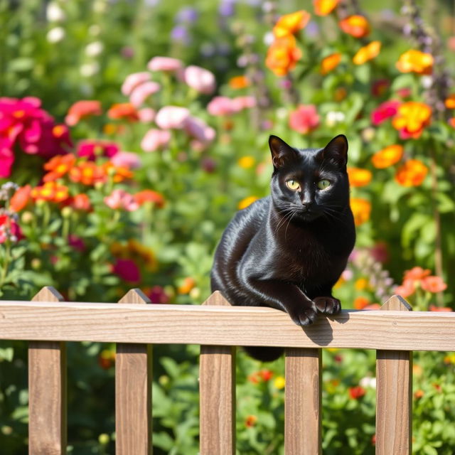 A sleek black cat sitting gracefully on a wooden fence amidst a lush green garden